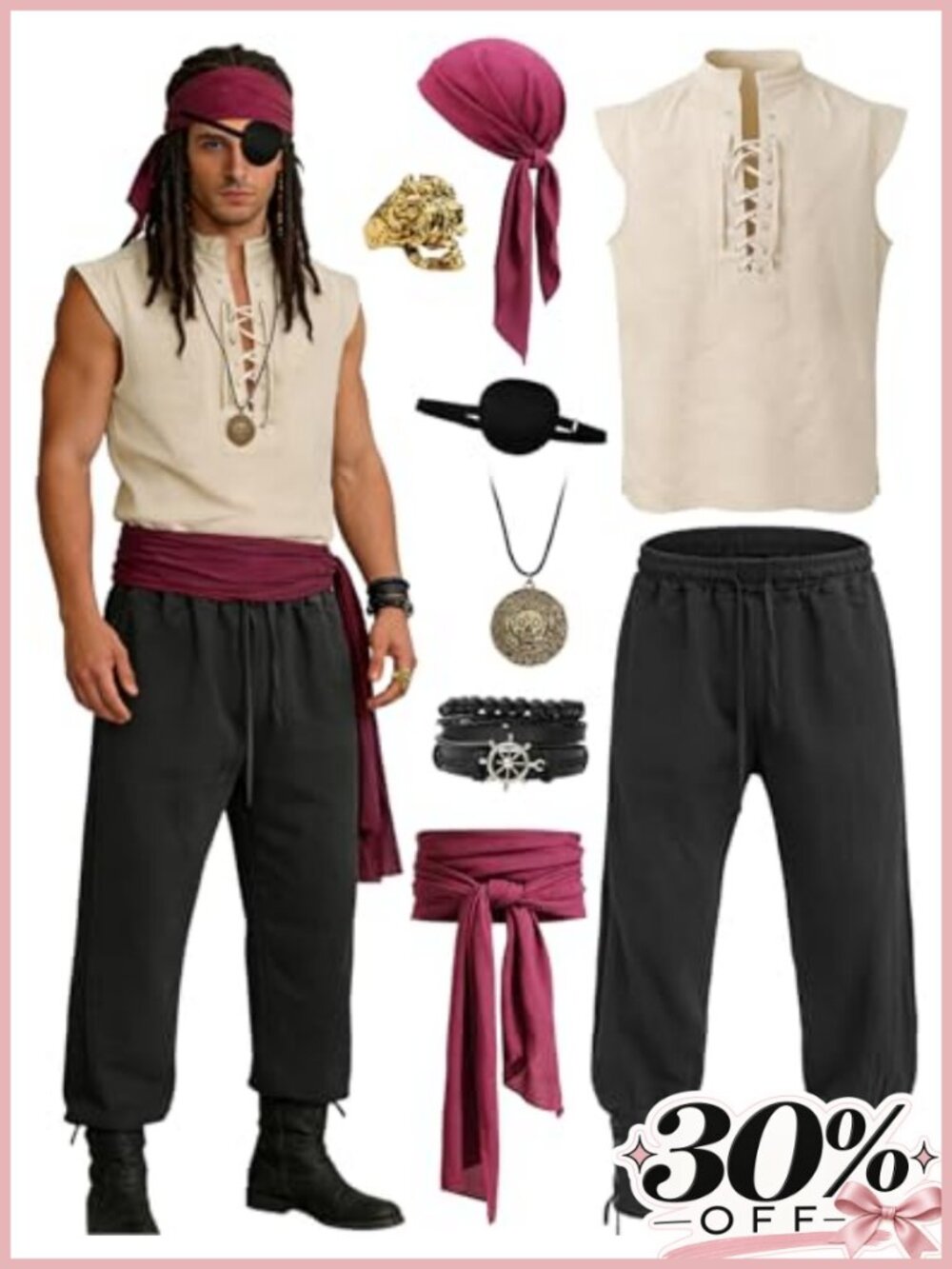 Men's Pirate Costume 8PCS Renaissance Lace-Up Shirt Pants Sash Cosplay